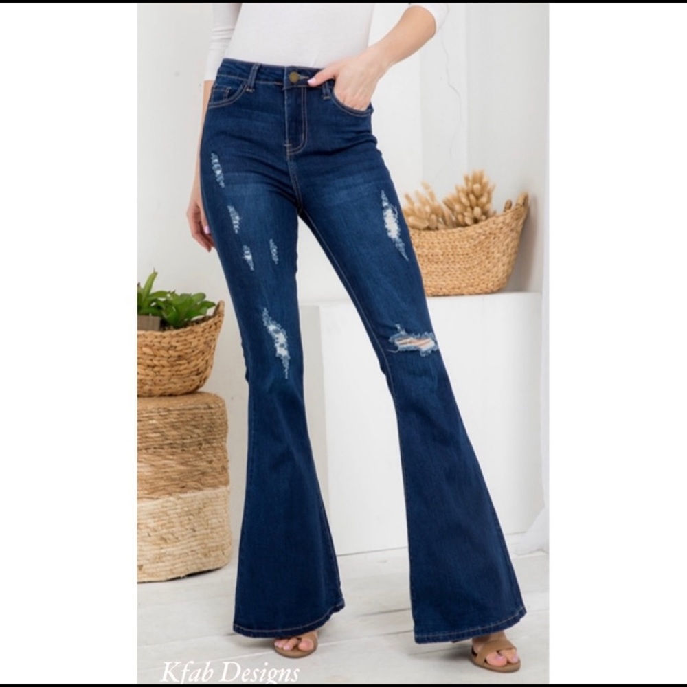 New! Clearance 🍇 Boho Gypsy High Waist Dark Denim Distressed Flare Jeans - Picture 2 of 7